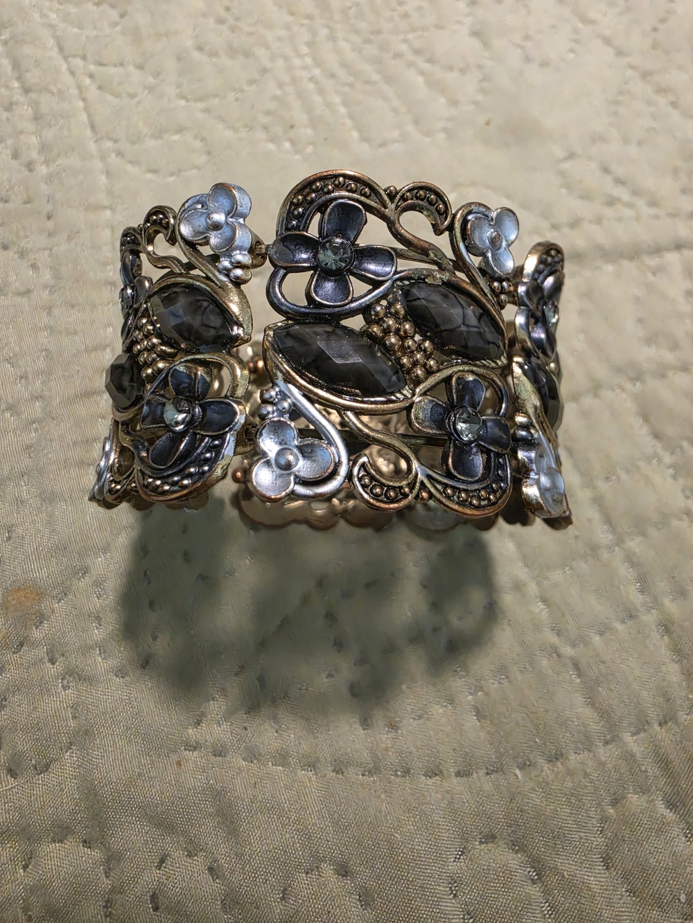 Floral Filigree Cuff Bracelet in Antique Silver and Smoky Blue